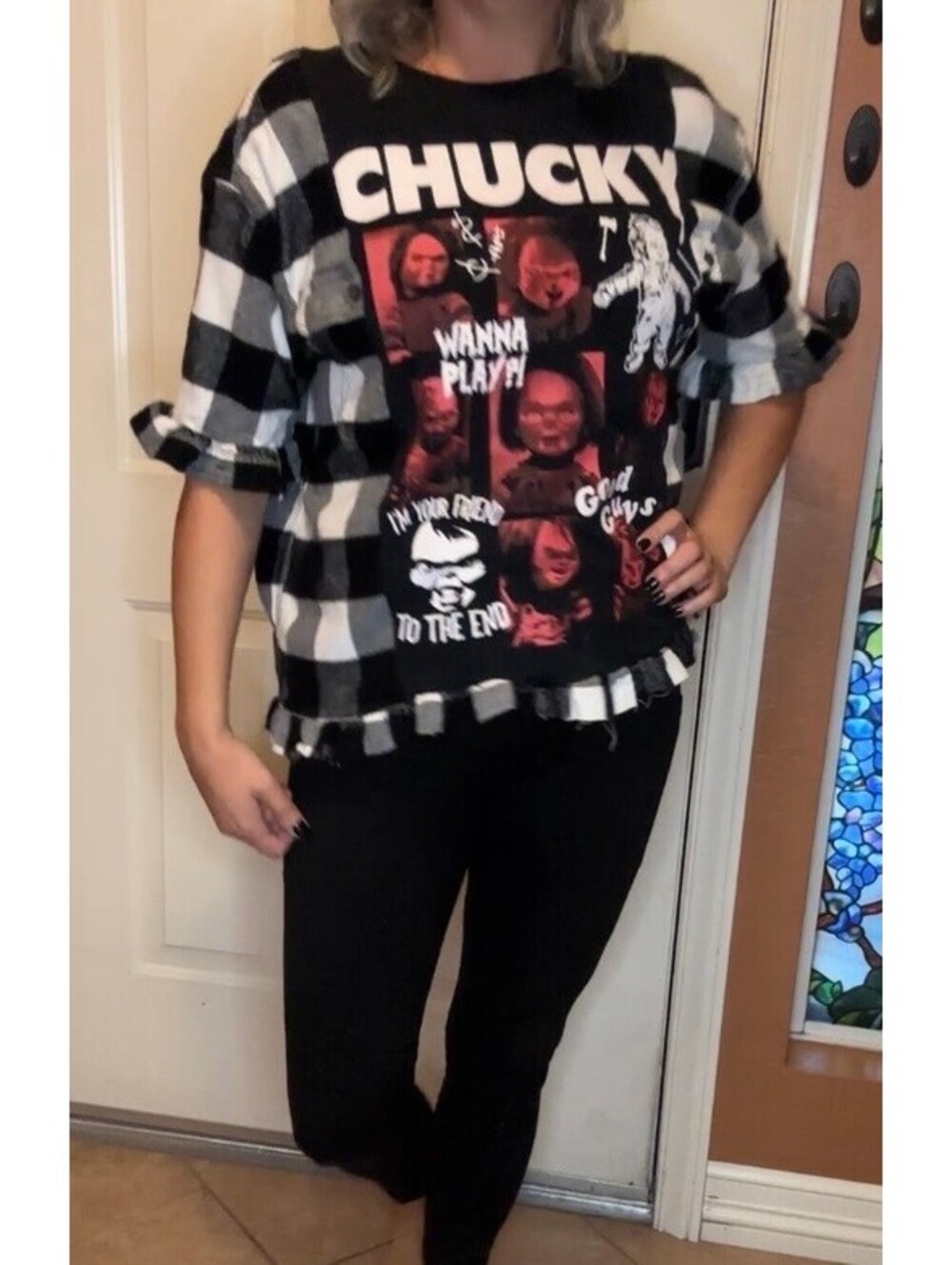 Upcycled Chucky Graphic with Black n White Flannel Ruffle Trim M/L